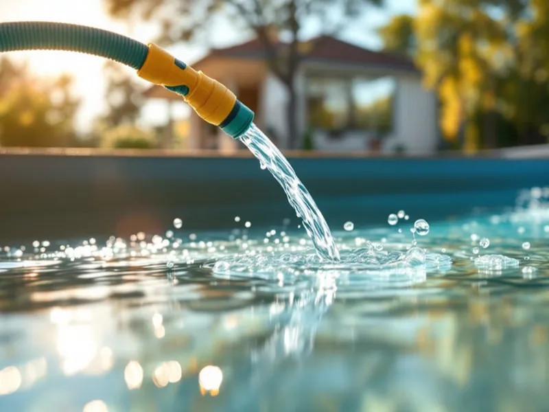 Garden hose refilling a resurfaced pool