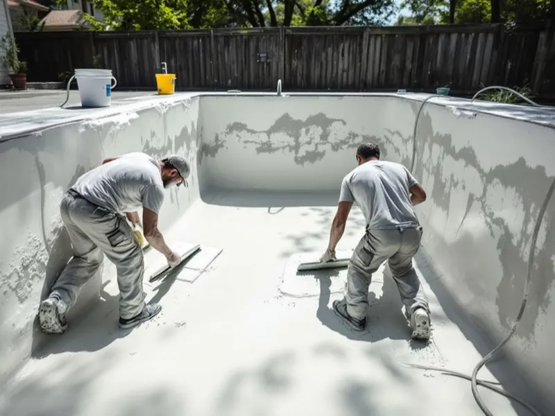 Two workers troweling new white plaster in a drained pool