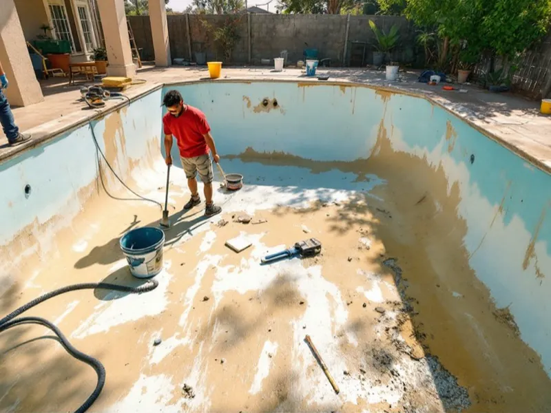 Drained pool with the old surface partly stripped during prep